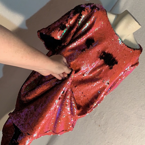 Iridescent Coral Black Midi Dress Mermaid Sequins - Picture 4 of 15